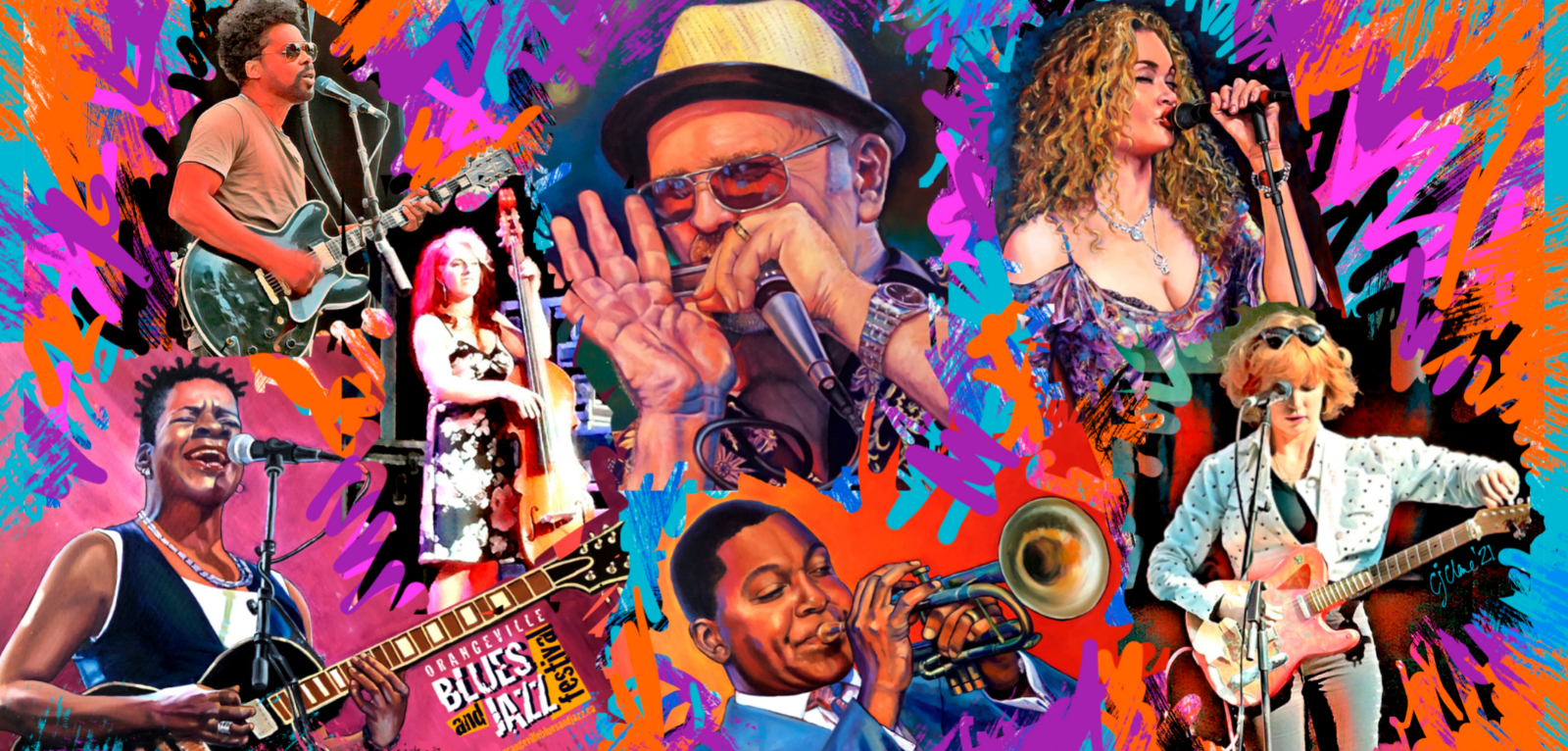 Collage of musicians and bright artistic elements